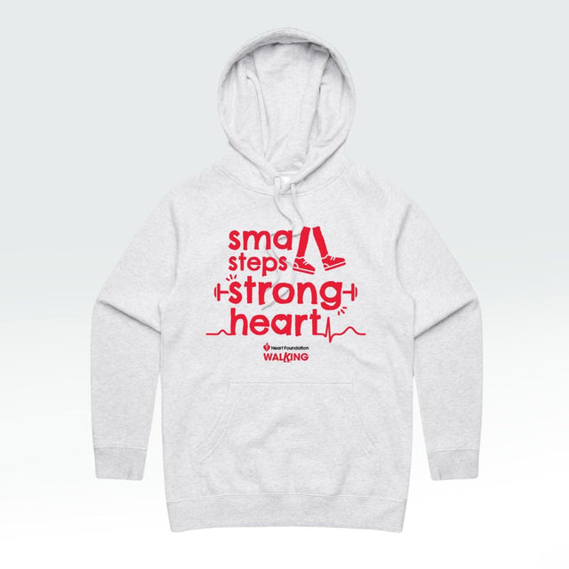 White hoodie with red text 'Small Steps Strong Heart' on a white background