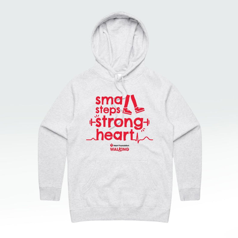 White hoodie with red text 'Small Steps Strong Heart' on a white background