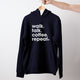 Navy unisex hoodie featuring walk.talk.coffee.repeat.slogan in white print and displayed on hanger