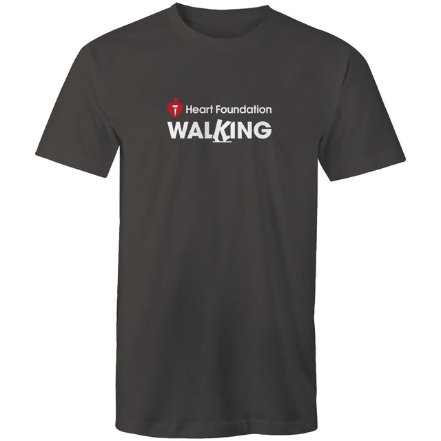 Unisex style white Heart Foundation Walking centre chest logo t-shirt featured on white background.
