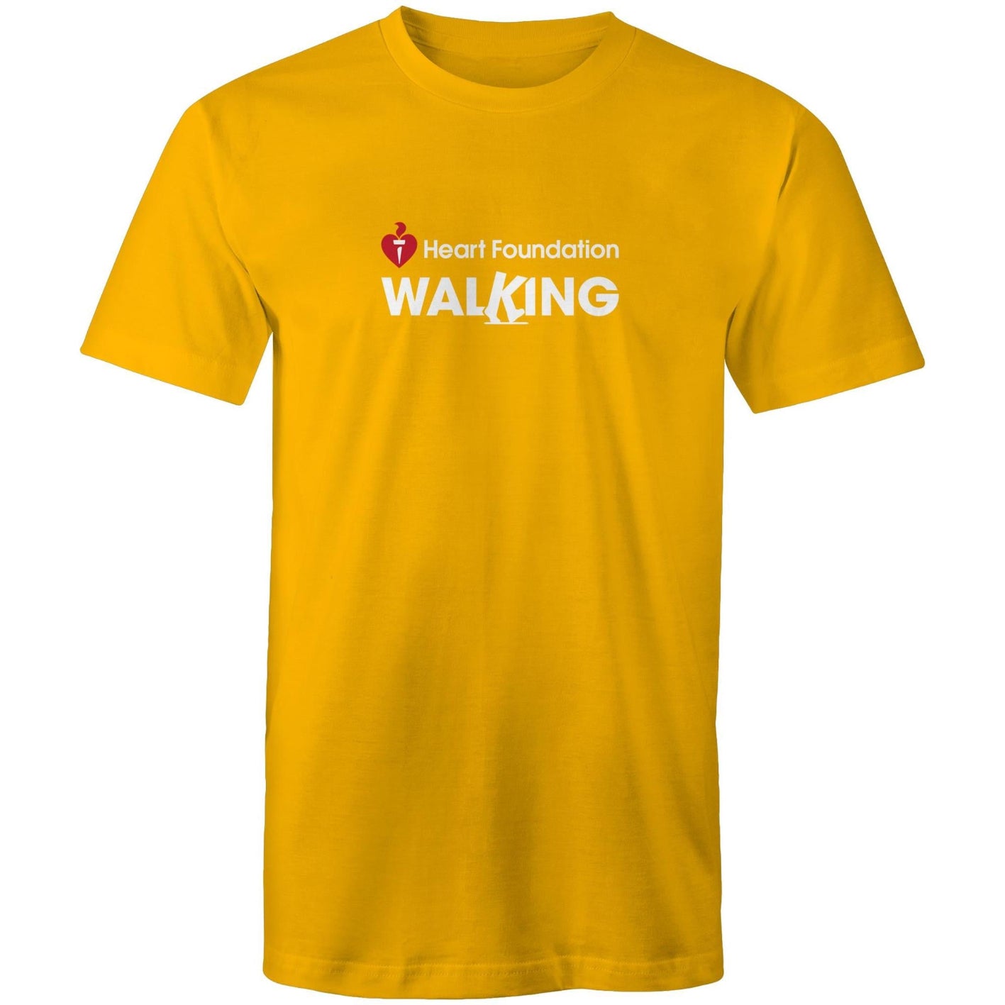 Unisex style yellow Heart Foundation Walking centre chest logo t-shirt featured on white background.