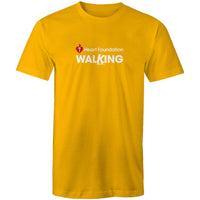 Unisex style yellow Heart Foundation Walking centre chest logo t-shirt featured on white background.