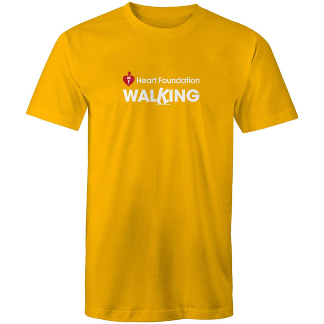 Unisex style yellow Heart Foundation Walking centre chest logo t-shirt featured on white background.