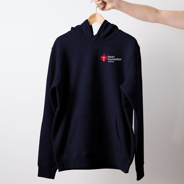 Navy unisex hoodie featuring Heart Foundation Walking logo displayed on hanger