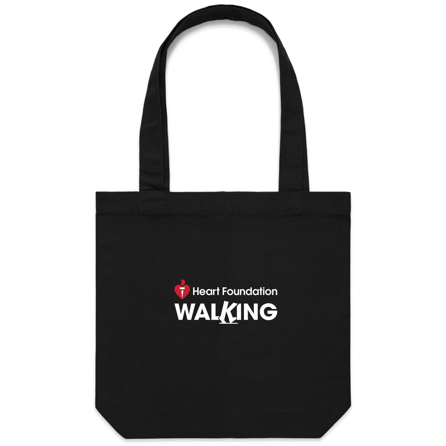 Black tote bag with white logo. Featured on white background.