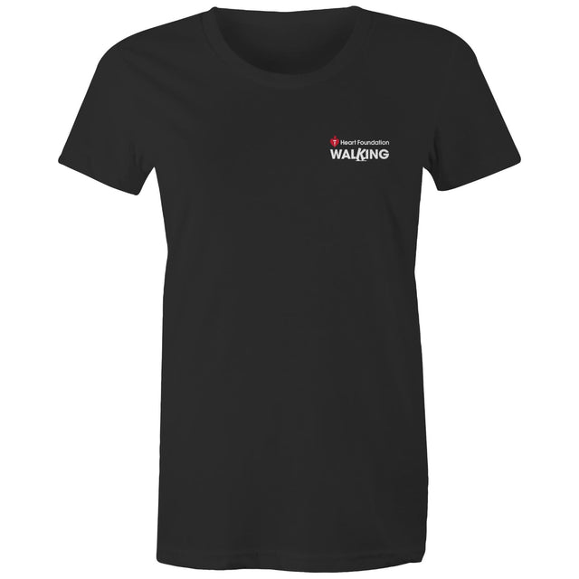 Women's black Heart Foundation Walking small logo t-shirt featured on white background.