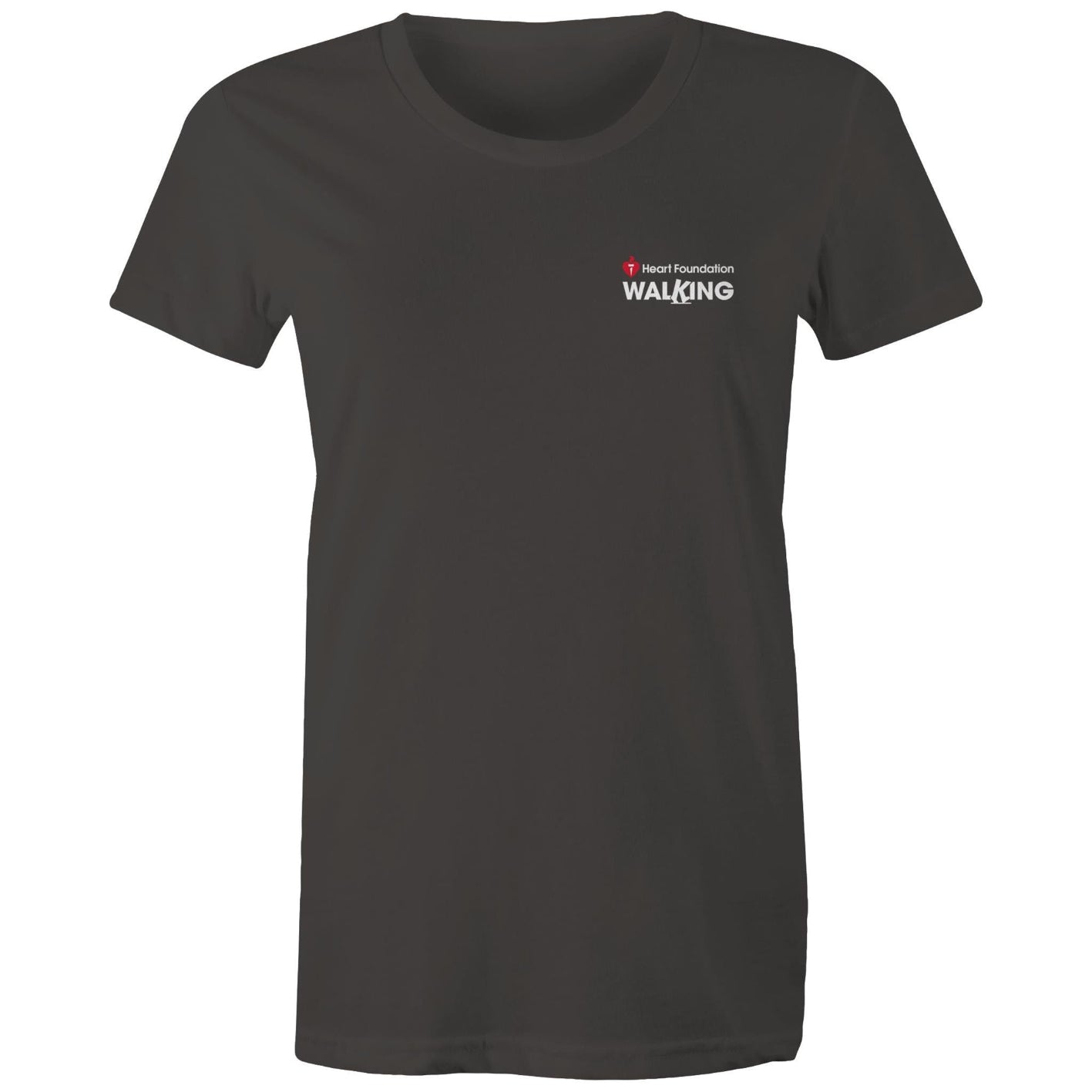 Women's charcoal Heart Foundation Walking small logo t-shirt featured on white background.