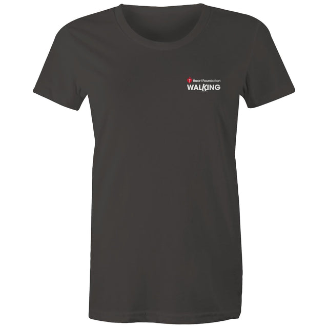 Women's charcoal Heart Foundation Walking small logo t-shirt featured on white background.