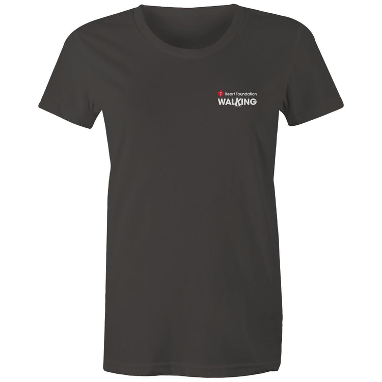 Women's charcoal Heart Foundation Walking small logo t-shirt featured on white background.