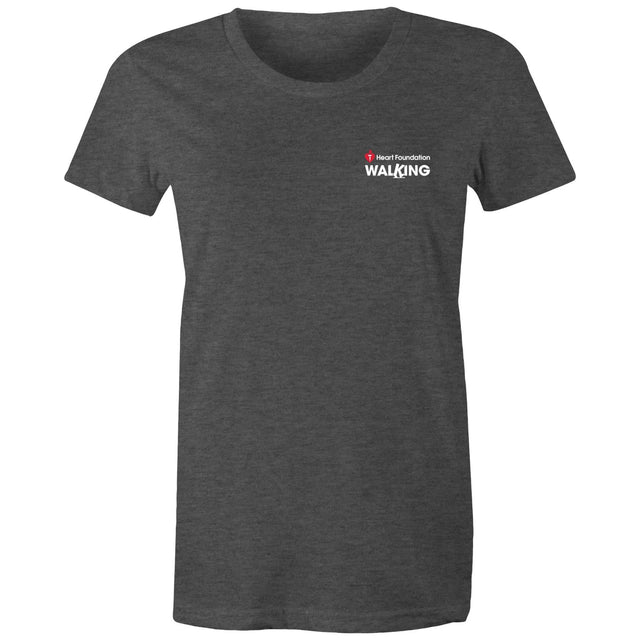 Women's grey marle Heart Foundation Walking small logo t-shirt featured on white background.