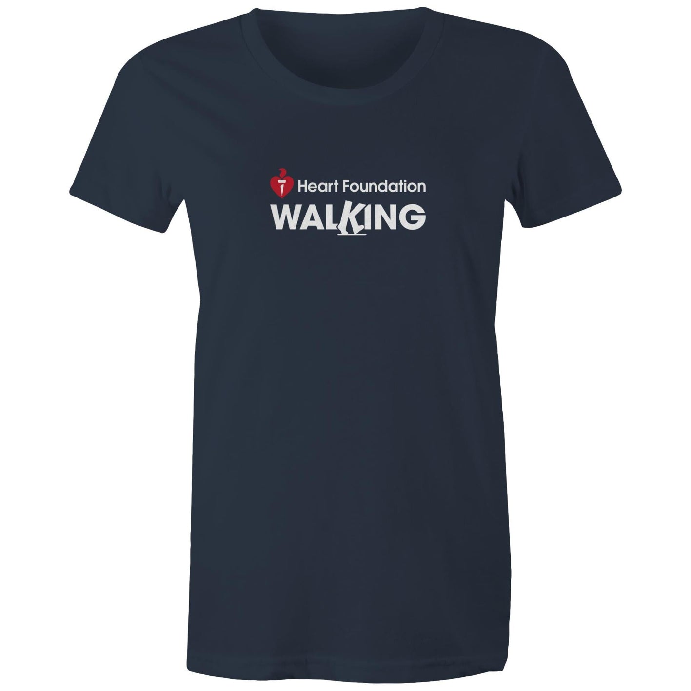 Women's navy Heart Foundation Walking centre chest logo t-shirt featured on white background.