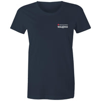 Women's navy Heart Foundation Walking small logo t-shirt featured on white background.
