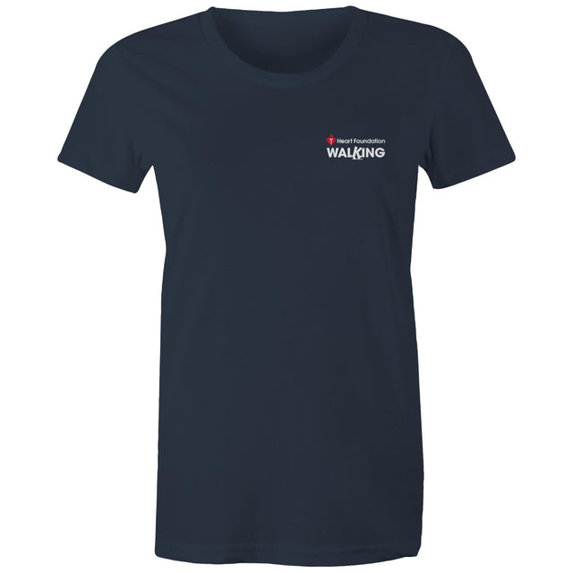 Women's navy Heart Foundation Walking small logo t-shirt featured on white background.
