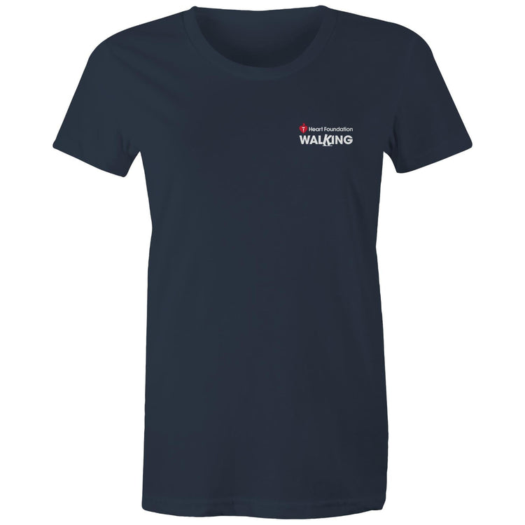Women's navy Heart Foundation Walking small logo t-shirt featured on white background.