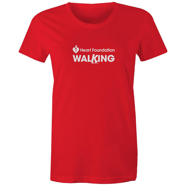 Red t-shirt with 'Heart Foundation Walking' text on a white background