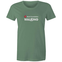 Women's sage Heart Foundation Walking centre chest logo t-shirt featured on white background.