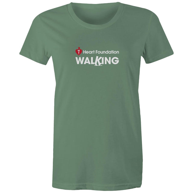 Women's sage Heart Foundation Walking centre chest logo t-shirt featured on white background.