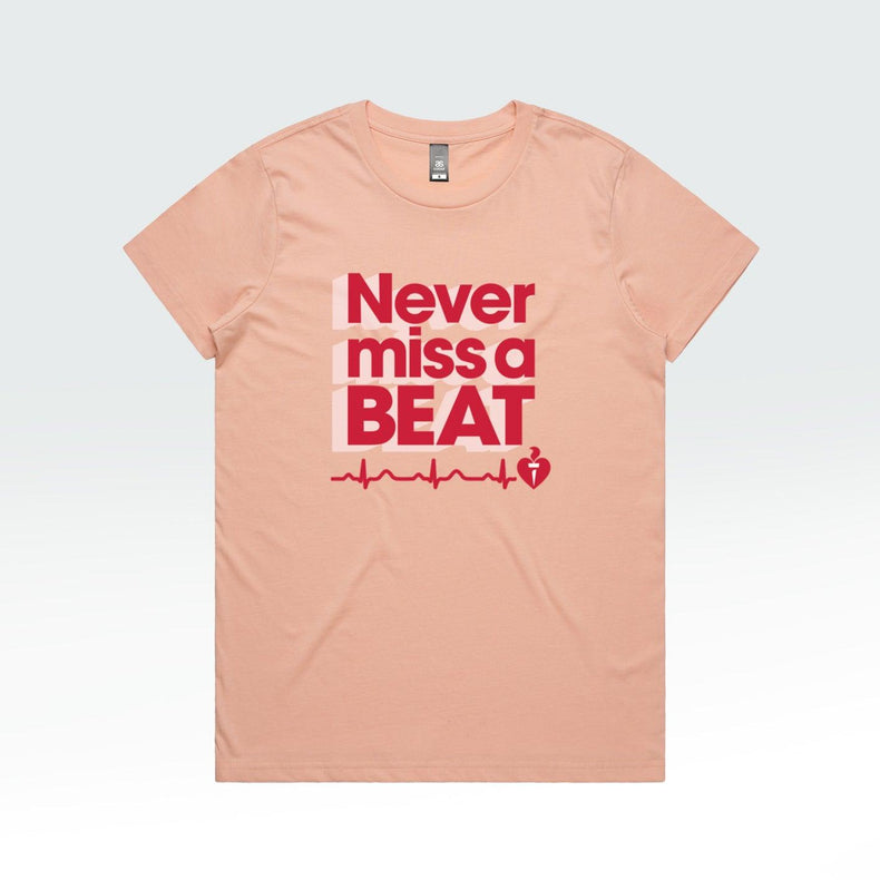 Pale pink ‘Never miss a BEAT’ women’s t-shirt by the Heart Foundation, created to support Heart Week and raise awareness of heart health.