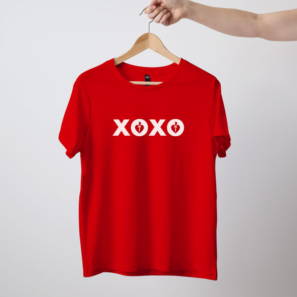 Women's short sleeve red Heart Foundation t-shirt displayed on hanger with XOXO print to centre chest.