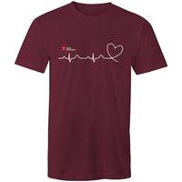 Maroon Heart Foundation unisex t-shirt featuring logo and white print heartbeat line ending in stylised heart.