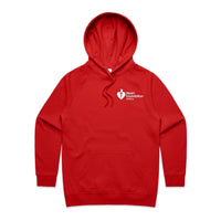 Red women's hoodie featuring white Heart Foundation Walking logo left chest