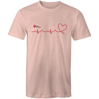 Pale pink Heart Foundation unisex t-shirt featuring logo and red print heartbeat line ending in stylised heart.