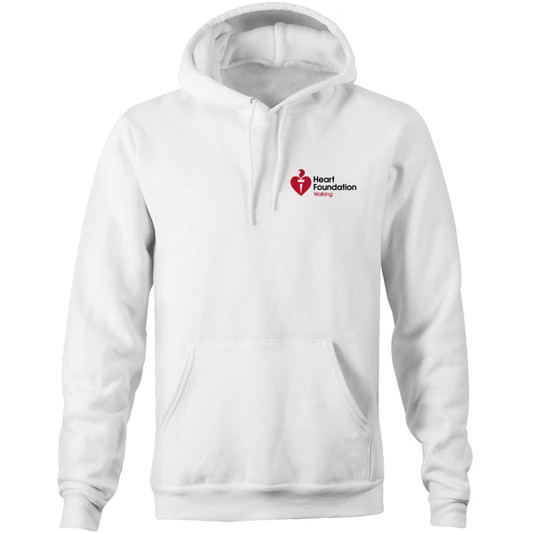 White unisex hoodie featuring Heart Foundation Walking logo