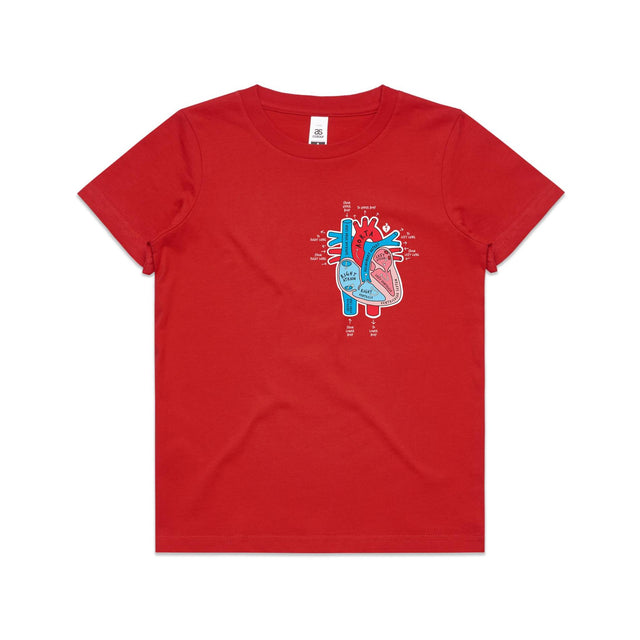Kids red t-shirt with colourful anatomical heart drawing on left chest displayed on white 
