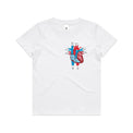 Kids white t-shirt with colourful anatomical heart drawing on left chest displayed on white 