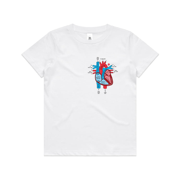 Kids white t-shirt with colourful anatomical heart drawing on left chest displayed on white 
