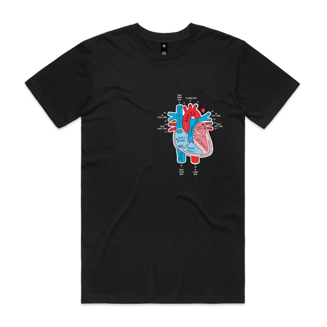 Unisex black t-shirt with colourful anatomical heart drawing on left chest displayed on white background.