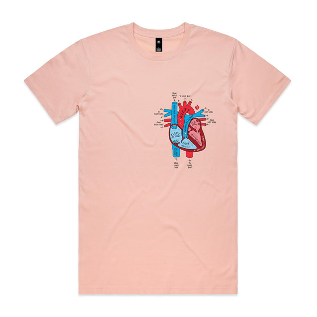 Unisex pale pink t-shirt with colourful anatomical heart drawing on left chest displayed on white background.