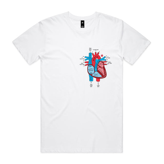 Unisex white t-shirt with colourful anatomical heart drawing on left chest displayed on white background.