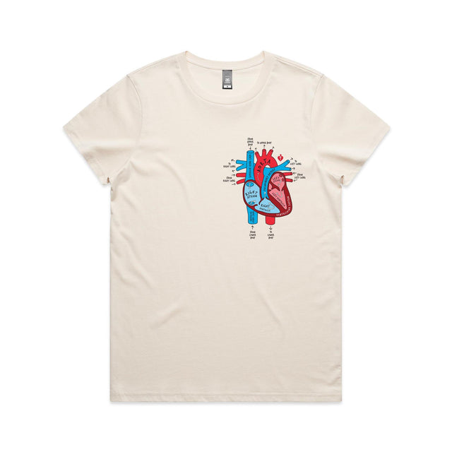 Women's ecru t-shirt with colourful anatomical heart drawing on left chest displayed on white background.