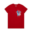 Women's red t-shirt with colourful anatomical heart drawing on left chest displayed on white background.