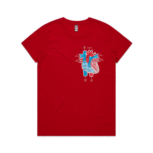 Women's red t-shirt with colourful anatomical heart drawing on left chest displayed on white background.