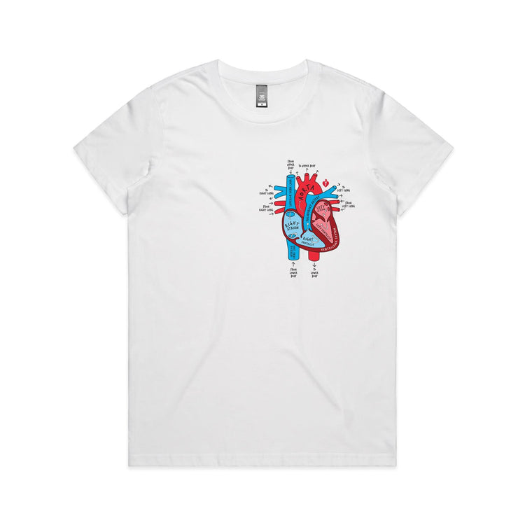 Women's white t-shirt with colourful anatomical heart drawing on left chest displayed on white background.