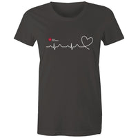 Charcoal Heart Foundation women's t-shirt featuring logo and white print heartbeat line ending in stylised heart.