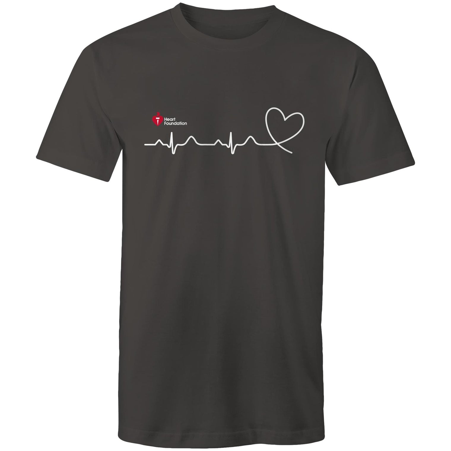 Charcoal Heart Foundation unisex t-shirt featuring logo and white print heartbeat line ending in stylised heart.