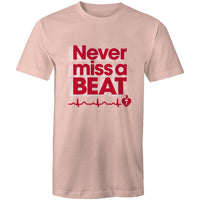 Pale pink Heart Foundation unisex t-shirt featuring heartbeat line and Never miss a BEAT tag line printed in red/white.