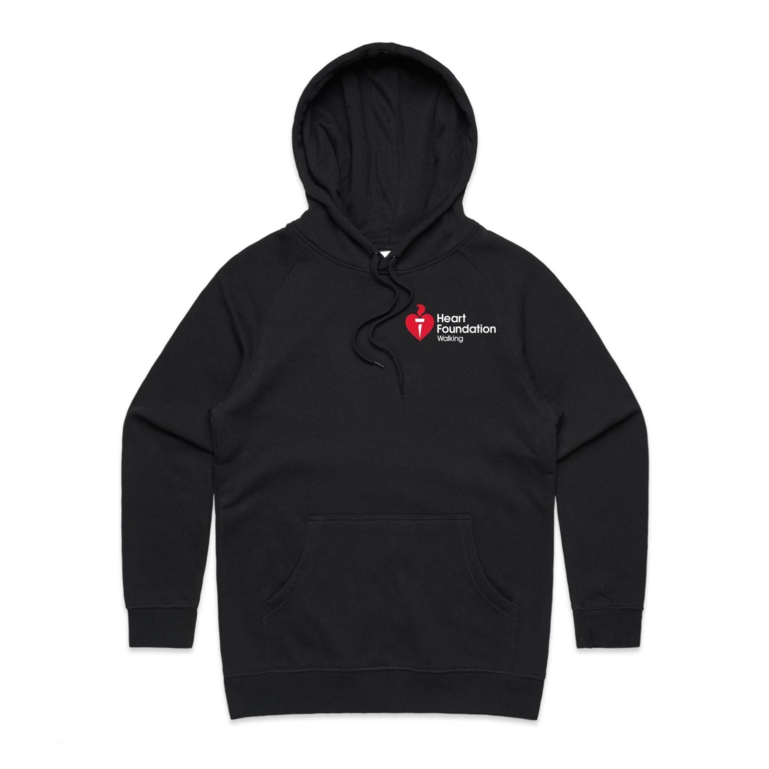 Black women's hoodie featuring white Heart Foundation Walking logo left chest