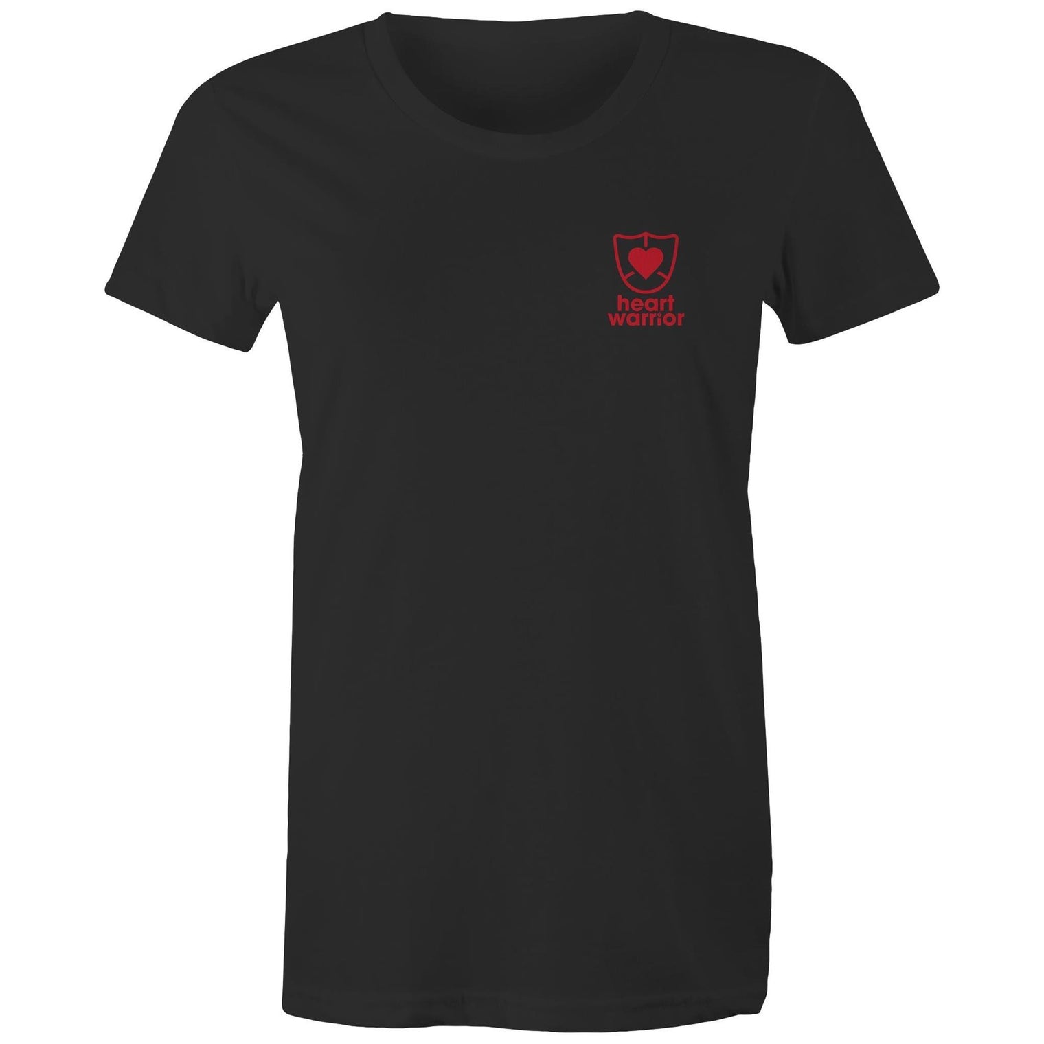 Heart Foundation women's black organic cotton t-shirt featuring Heart Warrior design in red print.