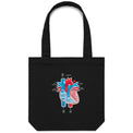 Black canvas tote bag featuring an anatomical heart drawing shown on a white background.