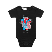 Black infant onesie featuring an anatomical heart drawing, shown on a white background.