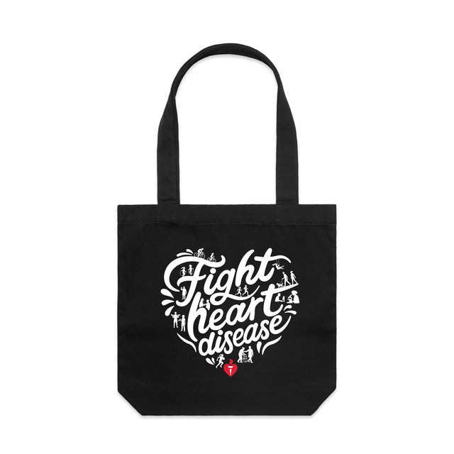 Black tote bag with a white heart-shaped “Fight heart disease” design, featured on white background.