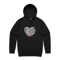 Black: Front view of a black unisex hoodie with a white heart-shaped “Fight heart disease” design and kangaroo pocket.