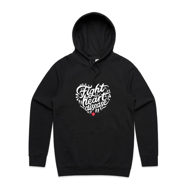 Black: Front view of a black unisex hoodie with a white heart-shaped “Fight heart disease” design and kangaroo pocket.
