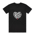  Black unisex t-shirt with heart shaped 'Fight heart disease' message drawing centre front displayed on white background.