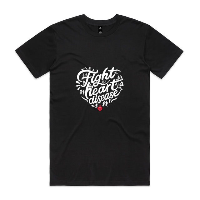  Black unisex t-shirt with heart shaped 'Fight heart disease' message drawing centre front displayed on white background.