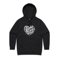 Women's black hoodie with heart shaped 'Fight heart disease' message drawing centre front displayed on white background.